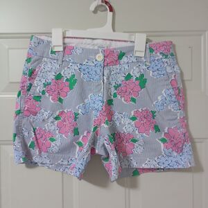 Crown & Ivy Caroline Blue Pin Striped Pink Floral Shorts Womens Size 4P Preppy
